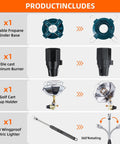 Image of product components for 6200 BTU Portable Propane Camping Heater With Radiant Burner, including base, burner, holder, and lighter.