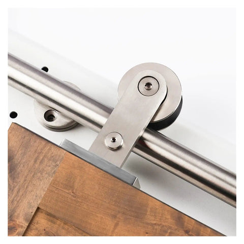 Heavy Duty Sliding Barn Door Hardware Kit Stainless Steel Top Mount Track with wheel mechanism showing smooth operation.