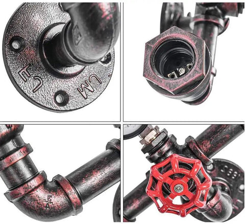Close-up of Water Pipe Wall Lamp Steampunk Sconce Three Light Vintage Rustic Copper Color Wall Mount Fixture socket and fittings.