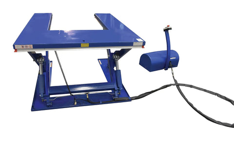 Heavy Duty Electric U Shaped Pallet Lift Table, 3000 Lb Capacity, Blue Powder Coated Steel Frame, Built Tough For Warehouse Work, No Sweat Loading And Unloading Rig Ready