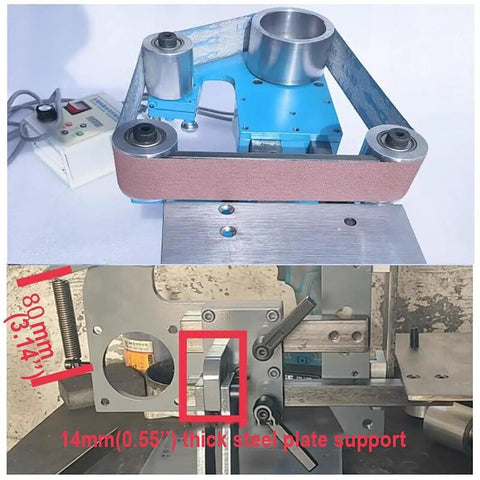 Rock Solid 1100 Watt Electric Belt Sander Workhorse With Polishing Grinder And Knife Sharpener Functions, showing belt in use with steel support.