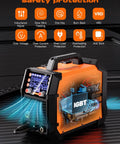 Aluminum 250 Amp 5 In 1 MIG Welder With MIG Stick Lift TIG Flux Core Gas Modes showing safety features and IGBT display