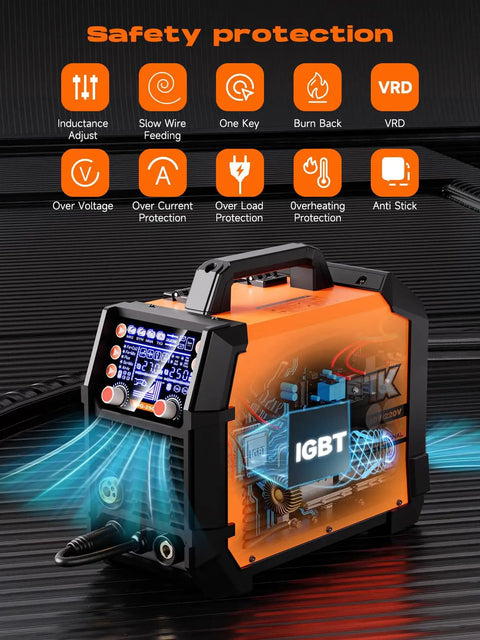 Aluminum 250 Amp 5 In 1 MIG Welder With MIG Stick Lift TIG Flux Core Gas Modes showing safety features and IGBT display