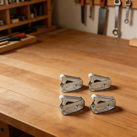 Push To Open Cabinet Latch Set Four Pack on a wooden table, spring loaded door catch hardware in durable steel, sleek modern fit
