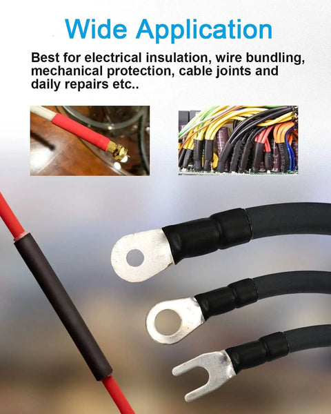 27 Piece 3 To 1 Dual Wall Heat Shrink Tubing Kit for DIYers with three sizes, used on cables for insulation and protection, shown in use.