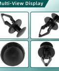 Multi-view display of tough GM fender liner clips push type fasteners, 20mm size, black thermoplastic material.