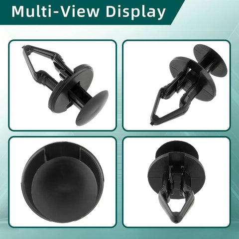 Multi-view display of tough GM fender liner clips push type fasteners, 20mm size, black thermoplastic material.