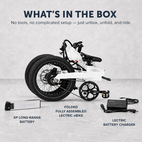 XP Lite2 Folding Electric Bike For Adults, Arctic White, folded with battery and charger displayed