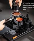 53mm Espresso Tamper Station With Spring Loaded Tamper And WDT Tool For Flawless Pulls showing a barista pressing coffee grounds in a portafilter.