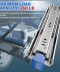 260 Lbs Heavy Duty Locking Drawer Slides Full Extension Ball Bearing Rails With Lock Side Mount Built To Last For Industrial Tool Boxes 22 Inch Pair Includes M5 Screws shown with load capacity details.