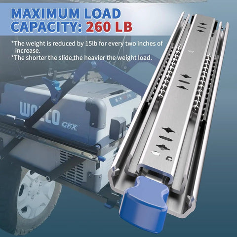 260 Lbs Heavy Duty Locking Drawer Slides Full Extension Ball Bearing Rails With Lock Side Mount Built To Last For Industrial Tool Boxes 22 Inch Pair Includes M5 Screws shown with load capacity details.