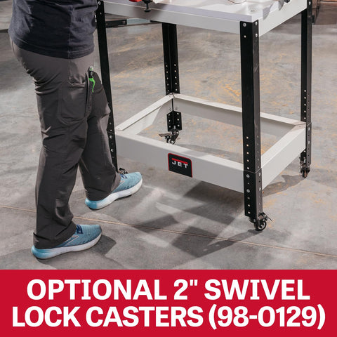 Universal Benchtop Machine Table With 20 By 29 Inch Work Surface, Beefy Steel Construction, showing adjustable height and casters