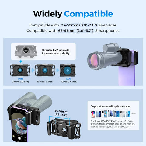 Phone Adapter With 360 Rotating Mount For Android And iPhone, Upgraded Binocular Photo Attachment showing compatibility details