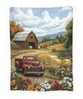 Super Cozy Pickup Truck Blanket Throw Ultra Soft Flannel Travel Blanket with red truck and barn design, 80x60 inches.