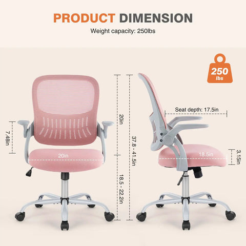 Ergonomic Mesh Office Chair For Home With Mid Back Support Rolling Swivel Desk Chair Lumbar Comfort Comfy Flip Up Arms Pink