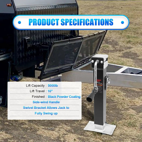 Heavy Duty 5000 Lb Swivel Trailer Jack With 10 Inch Vertical Travel Weld On Pipe Mount beside a trailer, showing handle
