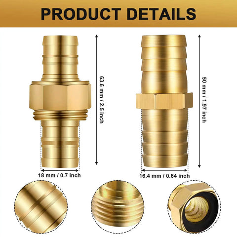 Four Pack Solid Brass Garden Hose Mender Kit With Male And Female Couplers For Five Eighth Inch Hoses Includes Tape Stainless Steel Clamp And Three Quarter Inch Rubber Gasket For Quick Leak Free Fixes product measurements