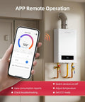 APP remote operation of Heavy Duty 180000 BTU Indoor Natural Gas Tankless Water Heater with smartphone interface.