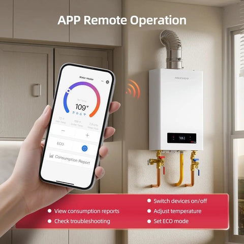 APP remote operation of Heavy Duty 180000 BTU Indoor Natural Gas Tankless Water Heater with smartphone interface.