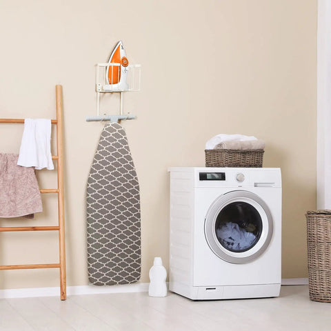 Over The Door And Wall Mount Ironing Board Hanger White Laundry Room Organizer Caddy for iron and board storage wall mounted in laundry room.