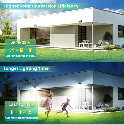 Solar Outdoor Motion Sensor Lights 310 LED With 3 Modes IP65 Waterproof 270 Degree Wide Angle illuminating house at night