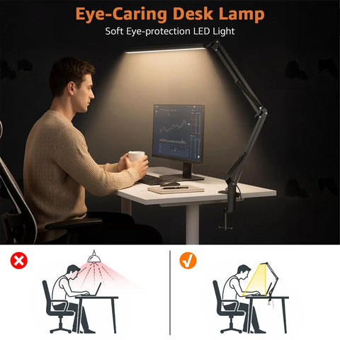 Clamp On Swing Arm LED Desk Lamp With 80 LED Beads 5 Color Modes and 11 Brightness Levels illuminating a workspace