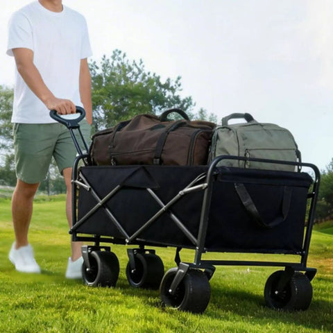 Solid As A Rock Foldable Replacement Liner For Camping Wagons Waterproof Washable Insert in a wagon with bags on grass.