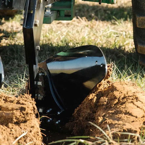 Close-up of Three Point 21 Inch Double Moldboard Turn Plow for Category 1 Tractors, breaking soil, dual blades visible.