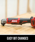 PWR CORE 12 Brushless 12V Right Angle Impact Driver on wood surface, showcasing easy bit changes.