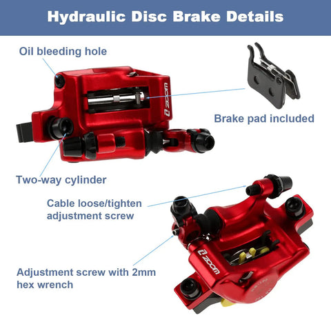 Hydraulic Disc Brake Caliper Set for Mountain Bikes and E Bikes, 2 Piece Front and Rear, Red Finish with adjustment screws