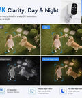 Two Pack 2K Wireless Solar Security Cameras With Straight Up Reliable Motion Tracking Day And Night Vision Plus A Durable Outer Shell designed for outdoor property monitoring showcasing day and night footage.