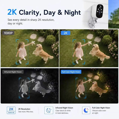 Two Pack 2K Wireless Solar Security Cameras With Straight Up Reliable Motion Tracking Day And Night Vision Plus A Durable Outer Shell designed for outdoor property monitoring showcasing day and night footage.