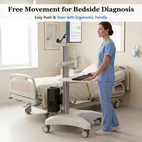 Adjustable Height Rolling Standing Desk With Rock Solid Monitor Mount And Smooth Keyboard Tray, Mobile Sit Stand Workstation Cart in clinical setting.