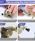 CILOYU chain breaker tool, front view with gold finish and go-kart roller chain, Allen wrench.