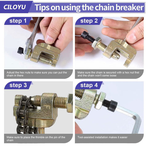 CILOYU chain breaker tool, front view with gold finish and go-kart roller chain, Allen wrench.