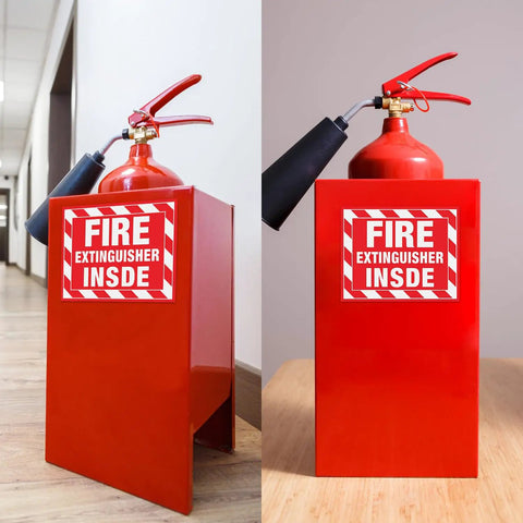 Fire Extinguisher Inside Sign Stickers 10 Pack 5 By 4 Inches Self Adhesive Vinyl on a fire extinguisher box indoors