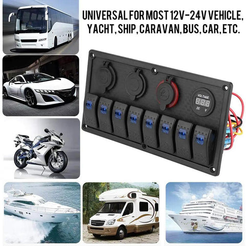 8 Gang Marine Switch Panel For Cars Boats And RVs 12V 24V LED Switch Panel With Dual USB Ports Voltmeter And Cigarette Lighter