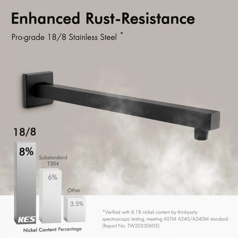 Matte Black Shower Faucet Set With Valve And Rain Shower Head No Fuss All In One Pressure Balance Shower System Easy Install Kit For Modern Bathrooms Durable Stainless Build XB6210BK arm detail with enhanced rust resistance