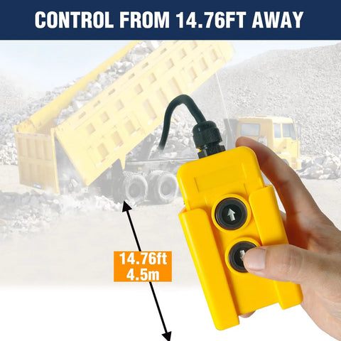 3 Wire Dump Trailer Remote Control Switch 12V DC For Single Acting Hydraulic Pump Power Unit With 15Ft Cable Dual Up Down Buttons held in hand, truck in background