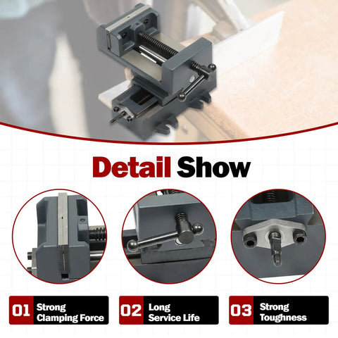 Heavy Duty 4 Inch Cross Slide Drill Press Vise XY Compound Benchtop Clamp For CNC Milling And Drilling Machines And Other Mechanical Equipment 100 mm Jaw Three Point Nine Four Inch Travel Cast Iron Construction detail view