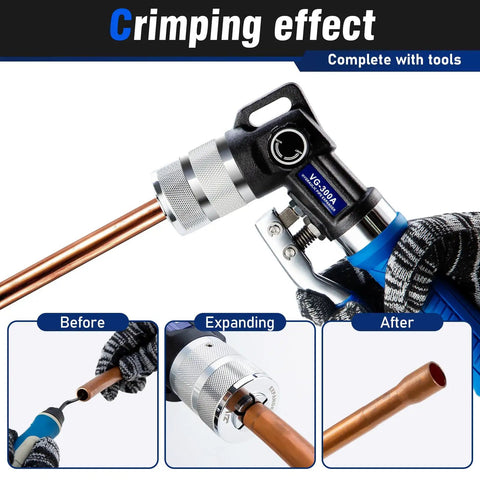 Pro Grade Copper Tube Expander Hydraulic Swaging and Expanding Tool Kit with copper tube, crimping effect shown