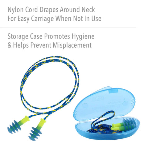 Fusion Corded Reusable Earplugs with dual material in blue and yellow, with storage case, for noise blocking and comfort.