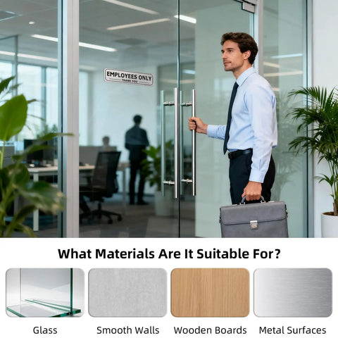 Two Pack Employees Only Sign Stickers 9 By 2 And A Half Inches With Back Adhesive Metal Like Brushed Silver Finish Waterproof Fade Resistant Vinyl for Doors, Walls, Offices, Stores, Restrooms displayed on glass door in office.
