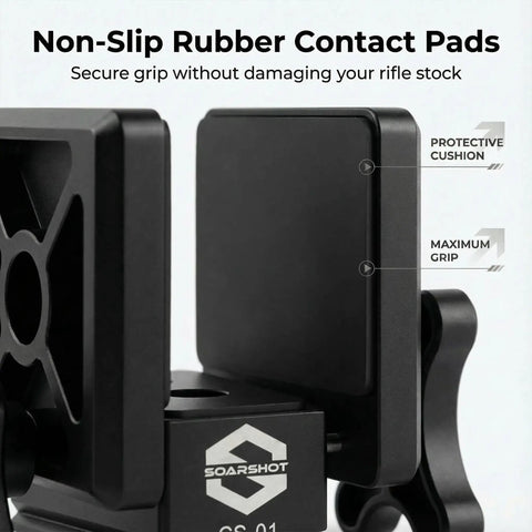 Rifle Saddle Mount for Hunting Tripod with Integrated Arca Base showing non-slip rubber pads for stable long range shots.