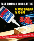 Bulletproof Wood Glue For Furniture Repair Fast Acting Adhesive on wood with drip, highlighting fast bonding in 30-60 seconds.
