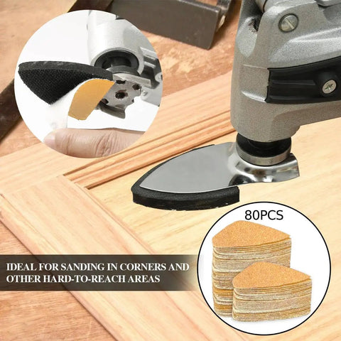 206 Piece Oscillating Tool Sanding Pad Kit With Triangle And Finger Sandpapers in use on wood surface for smooth finishes