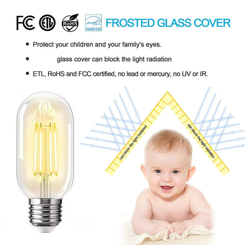 E26 LED Filament Bulb 4W Equal 40W Non Dimmable Transparent Antique Clear Edison Tubular Light Bulb 2700K beside baby