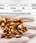 26Pcs Ender 3 Nozzles Kit MK8 Brass 3D Printer Nozzles 0.2mm to 1.0mm set shown with specifications chart and gloves