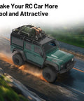 Trail Ready RC Crawler Accessories Kit for 1 by 18 and 1 by 24 scale rigs with roof rack on RC vehicle in motion