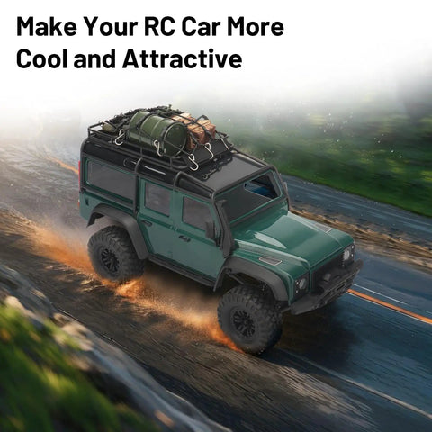 Trail Ready RC Crawler Accessories Kit for 1 by 18 and 1 by 24 scale rigs with roof rack on RC vehicle in motion